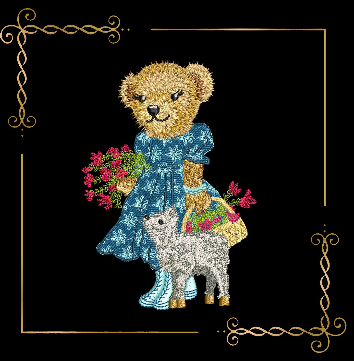 Super Fashion Spring Teddy Bear with Lamb and Flower Basket Embroidery Design