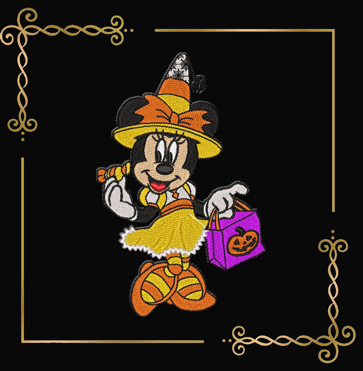 Halloween Minnie Mouse wearing a hat with a handbag and a pumpkin digital Embroidery designs