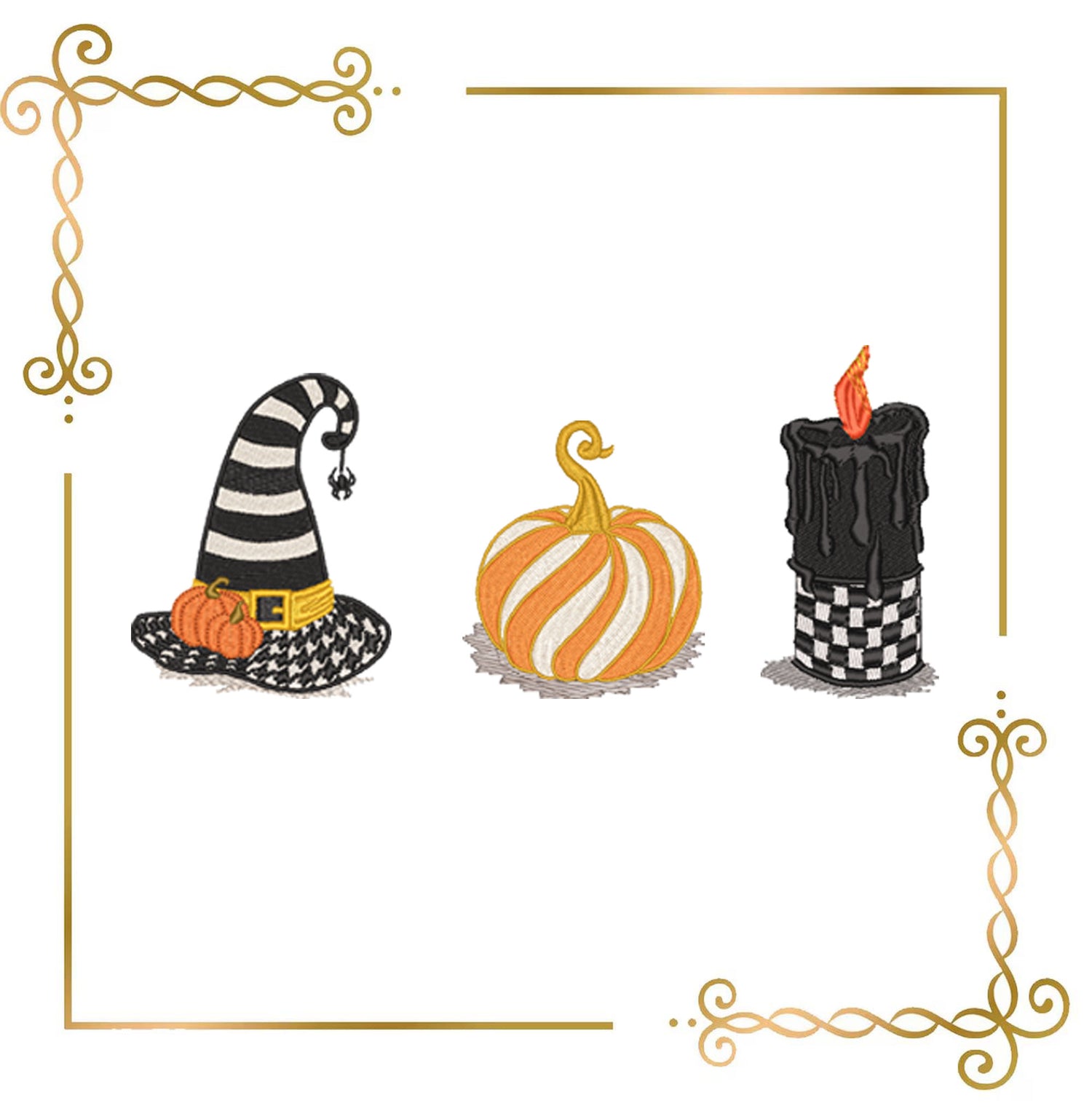 Halloween embroidery designs triptych set – witch hat, pumpkin and gothic candle – spooky machine embroidery patterns