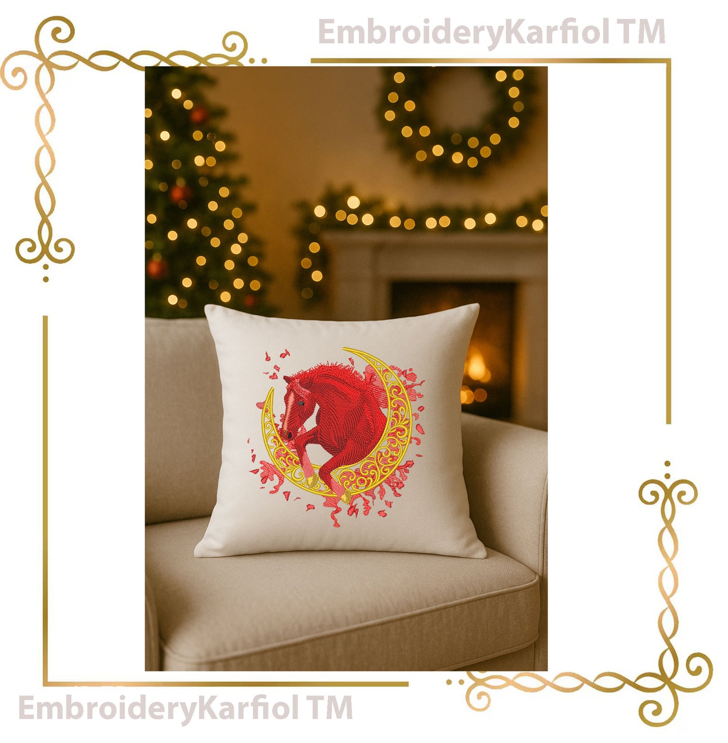 Horse on Moon - Embroidery Design - Chistmas Red Holiday Version and Natural Brown (Digital Download)