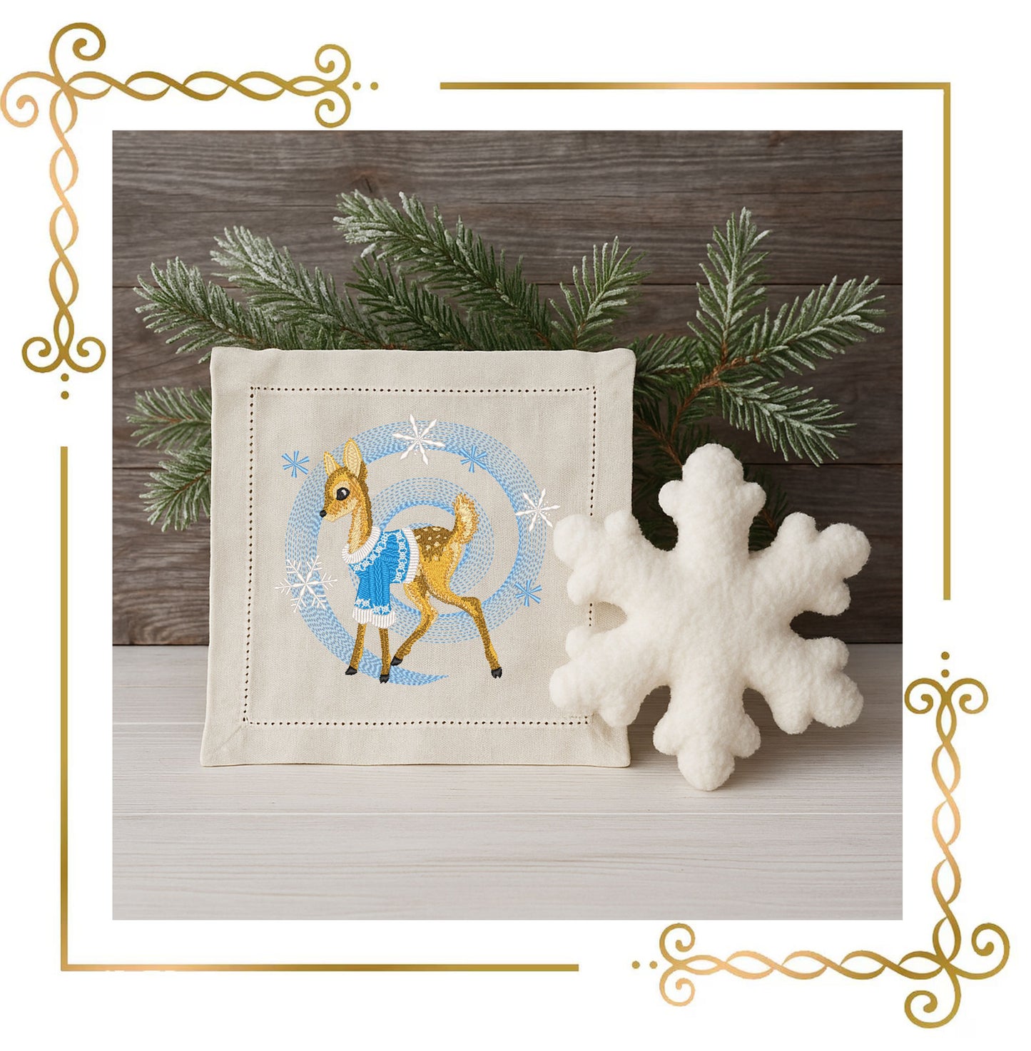 Winter Fawn Embroidery Design – Realistic Knit Texture Deer in Blue Sweater, Christmas Machine Embroidery Pattern (Digital Download)