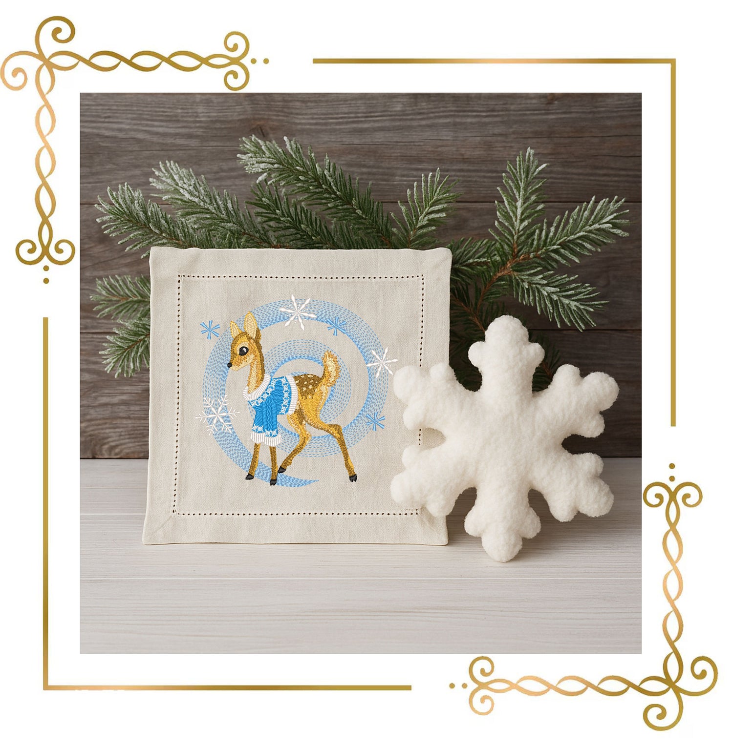 Winter Fawn Embroidery Design – Realistic Knit Texture Deer in Blue Sweater, Christmas Machine Embroidery Pattern (Digital Download)