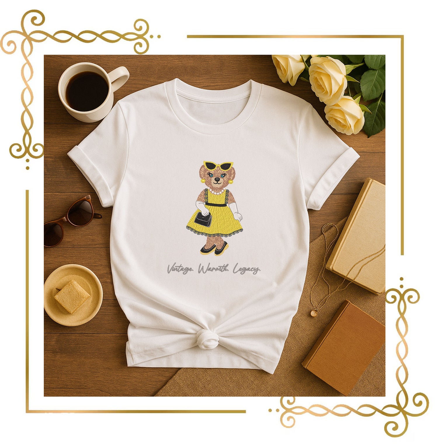 Teddy Bear Embroidery Design – Girl in Gold Dress with Pearls – Vintage Elegant Machine Embroidery File – Cute Retro Bear Pattern