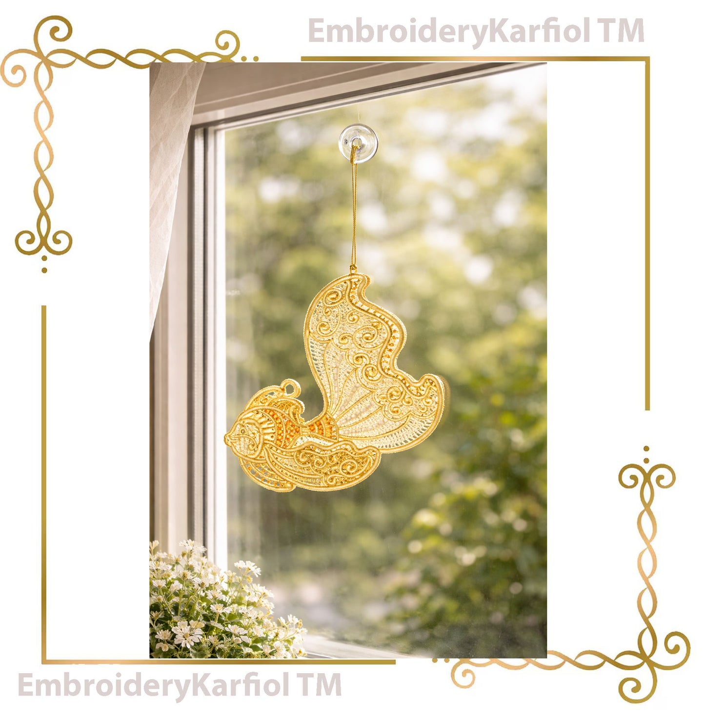 Lace Gold Lace Fish Embroidery Design, Ornamental Sea Creature, Freestanding Lace Pattern (Instant Download)