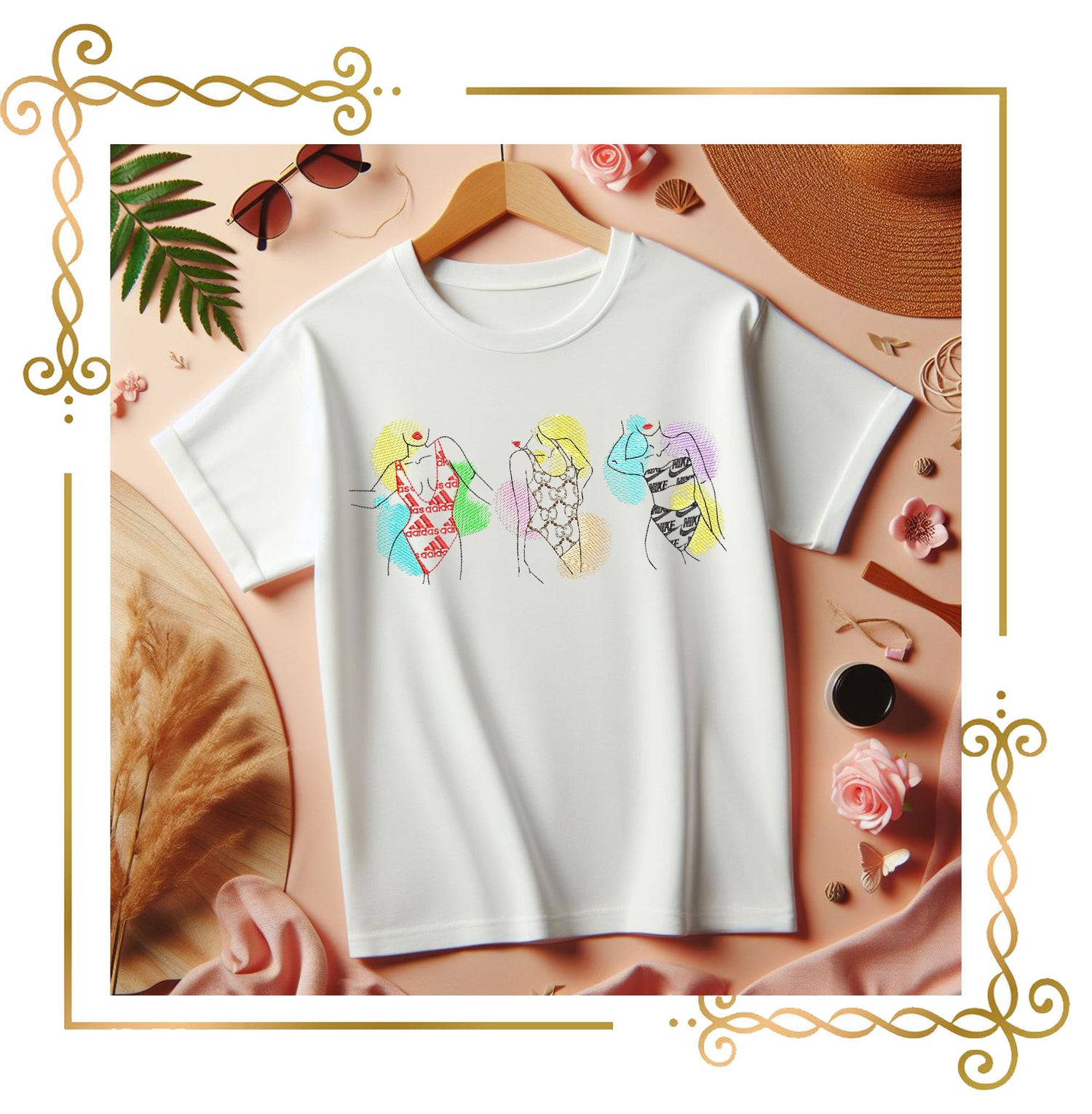 T-shirt Girls in trendy swimsuits embroidery design digital