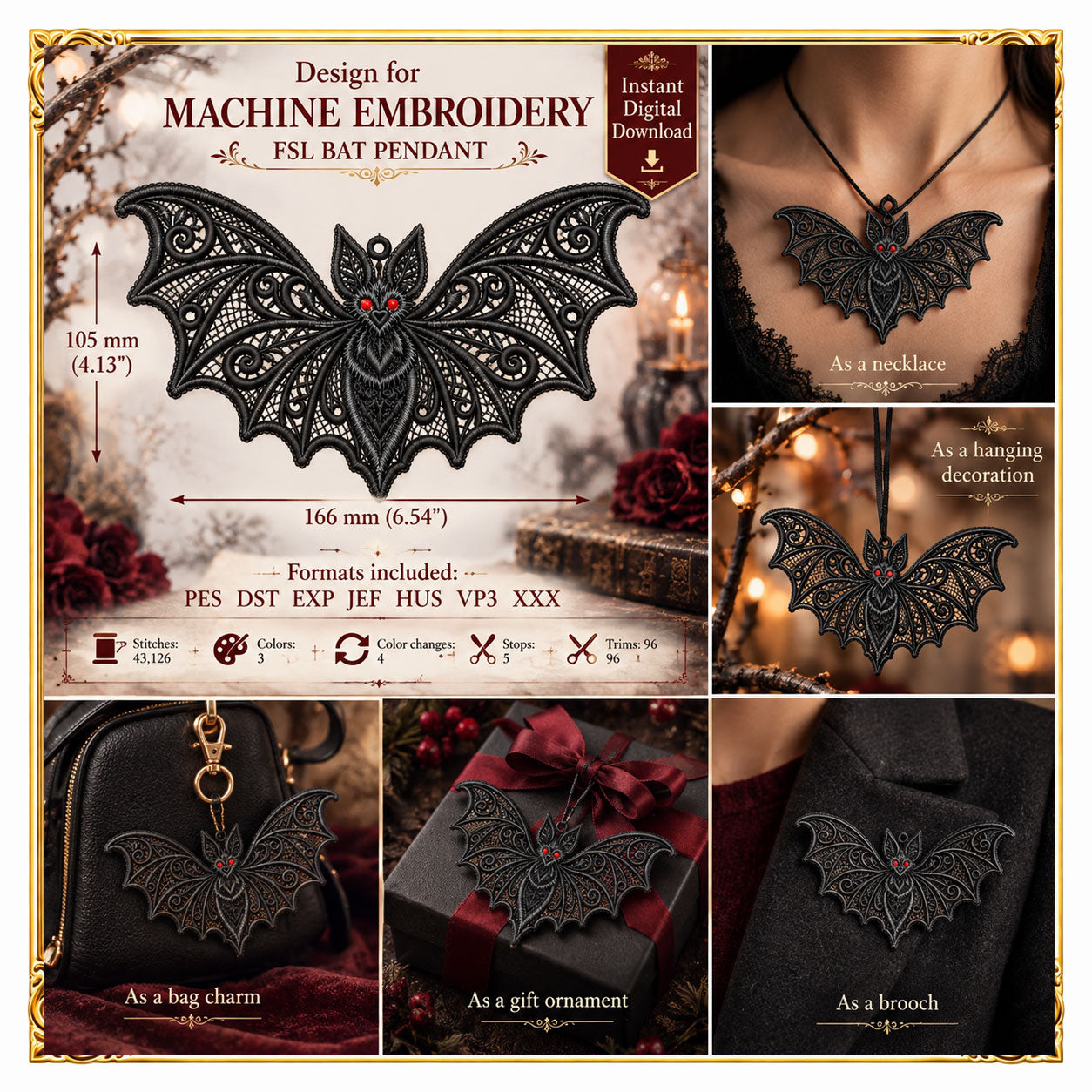 Halloween -Gothic Freestanding Lace Bat Pendant FSL Machine Embroidery Design, Halloween Ornament, Instant (Digital Download)
