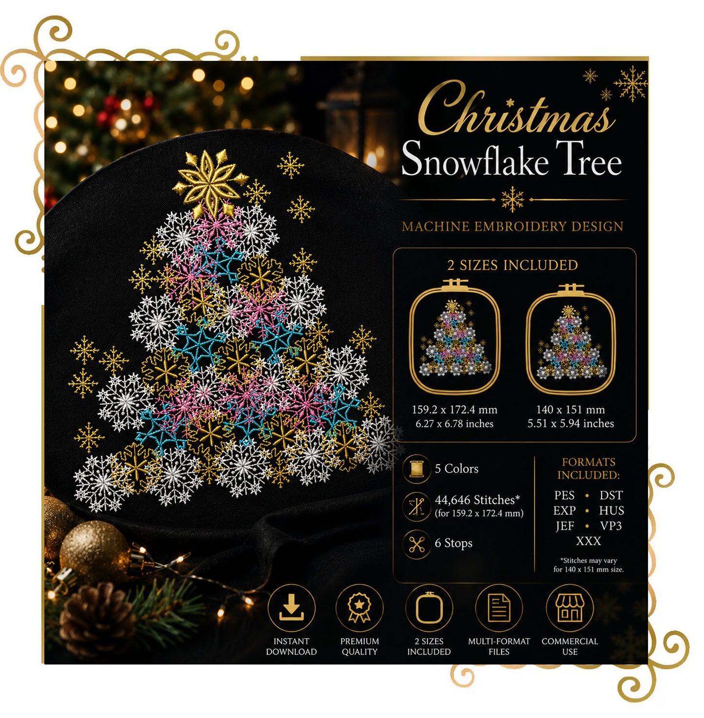 Christmas Tree Embroidery Design, Snowflake Tree Embroidery File,  Holiday Decor