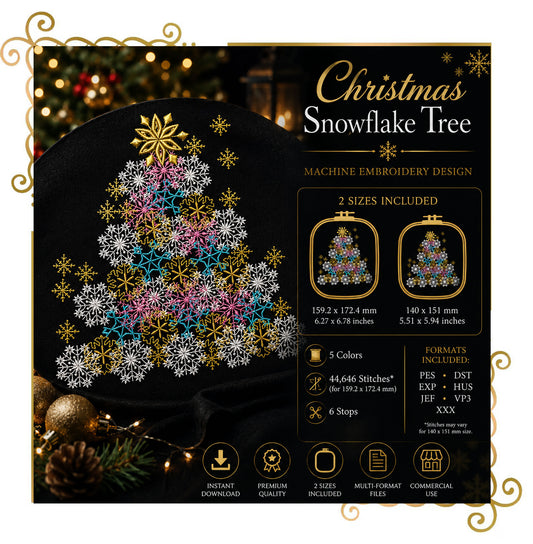 Christmas Tree Embroidery Design, Snowflake Tree Embroidery File, Holiday Decor