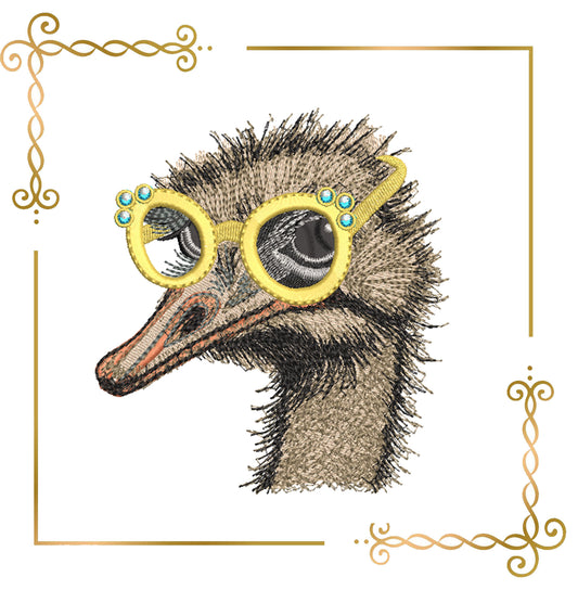 Animals Fashionable ostrich with glasses embroidery design to the direct download