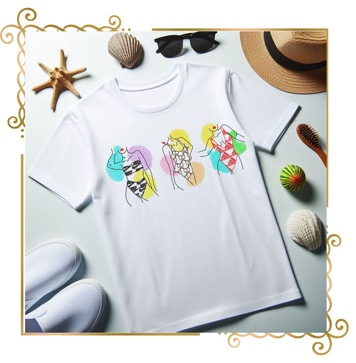 T-shirt Girls in trendy swimsuits embroidery design digital