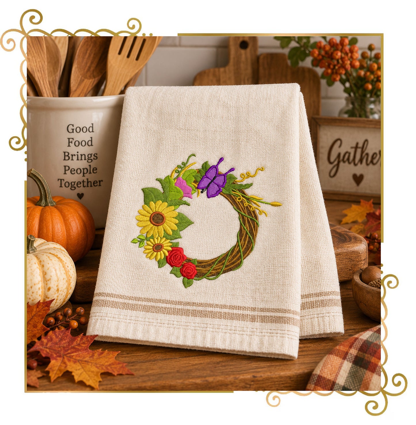Halloween - Autumn Wreath Machine Embroidery Design, Sunflowers, Grapes and Butterfly (Digital Download)
