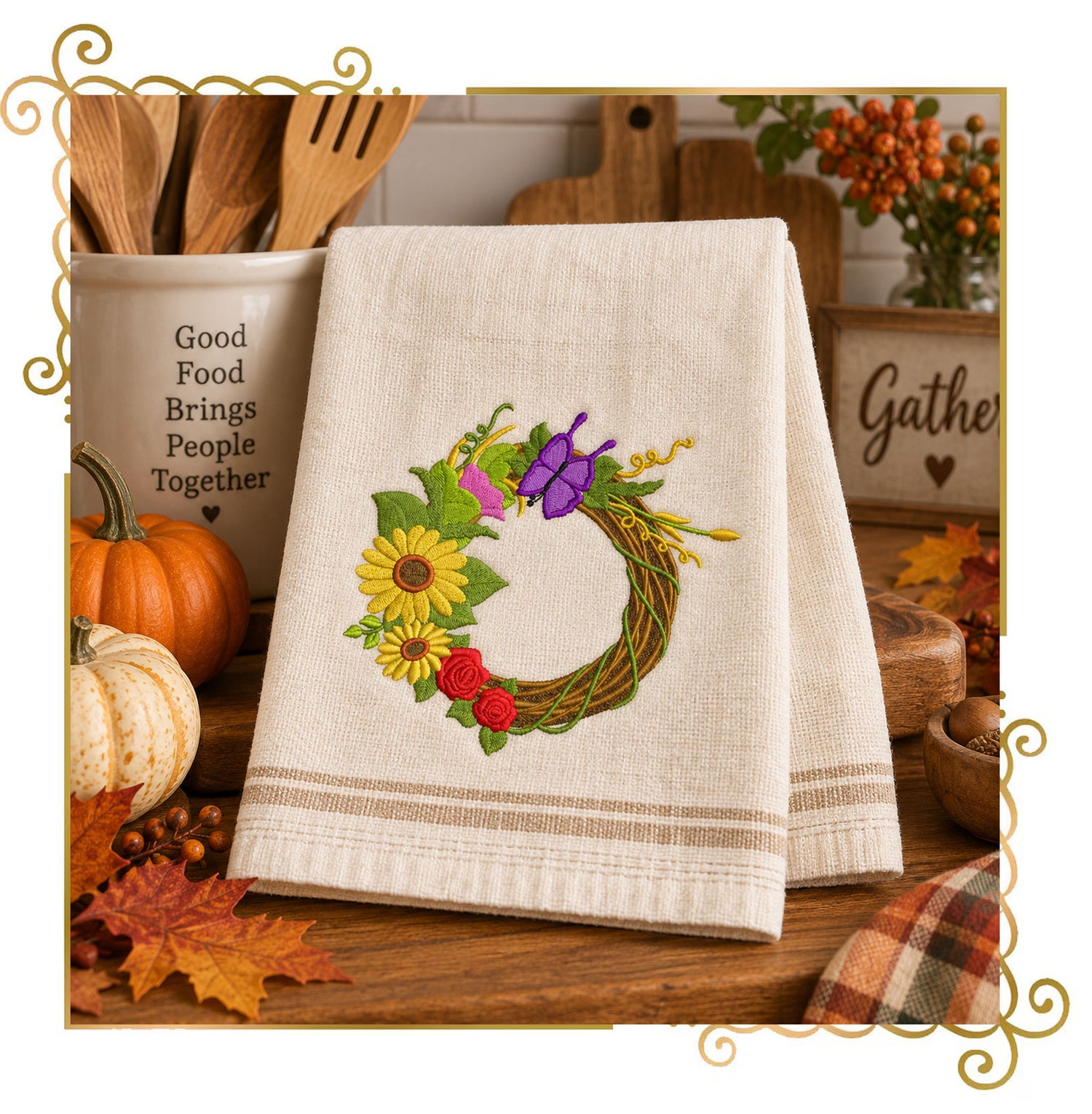 Halloween - Autumn Wreath Machine Embroidery Design, Sunflowers, Grapes and Butterfly (Digital Download)