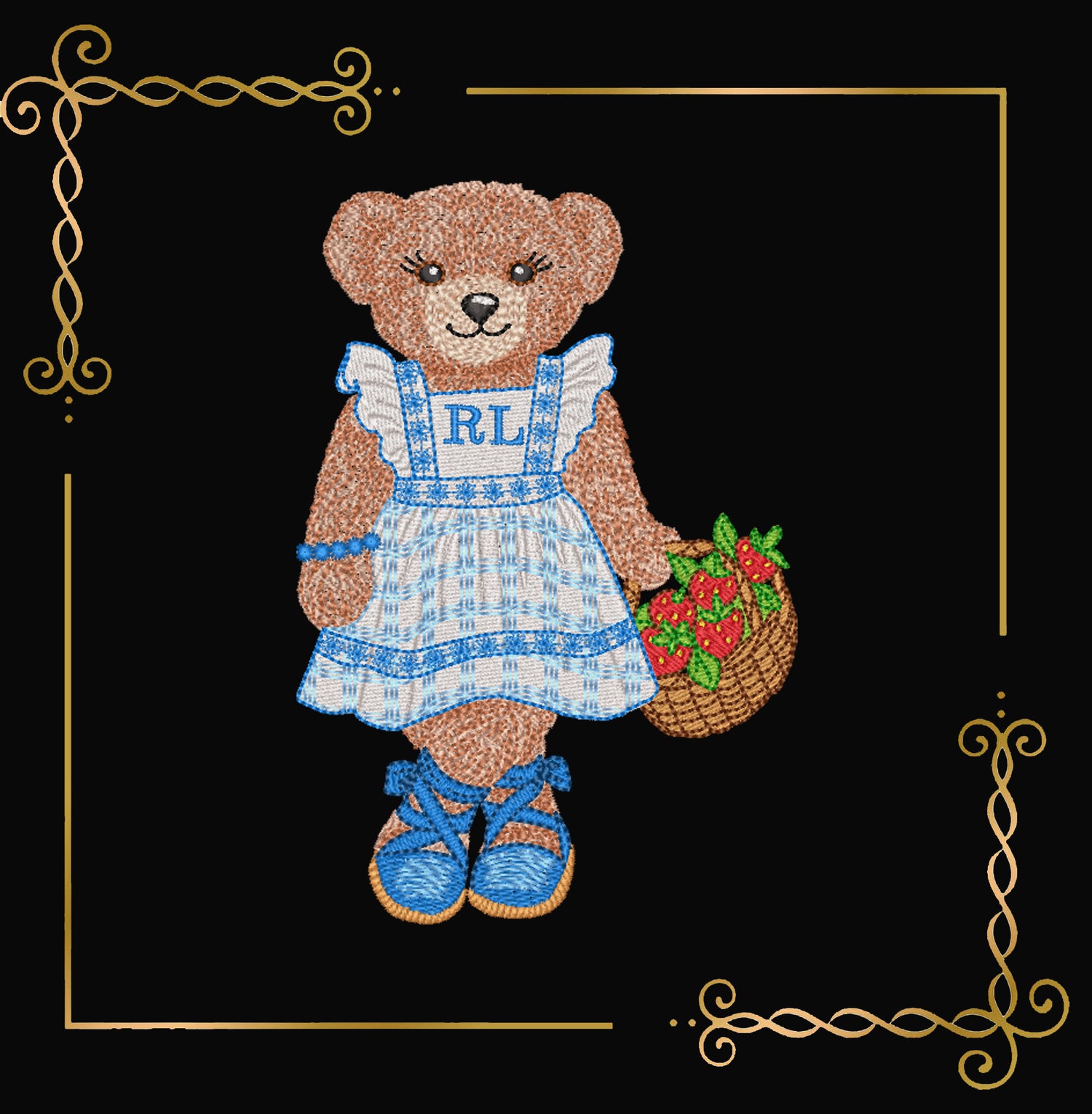 Teddy Bear Embroidery Design – Teddy Bear with a basket of strawberries Polo – Digital File for Machine Embroidery 3 Sizes