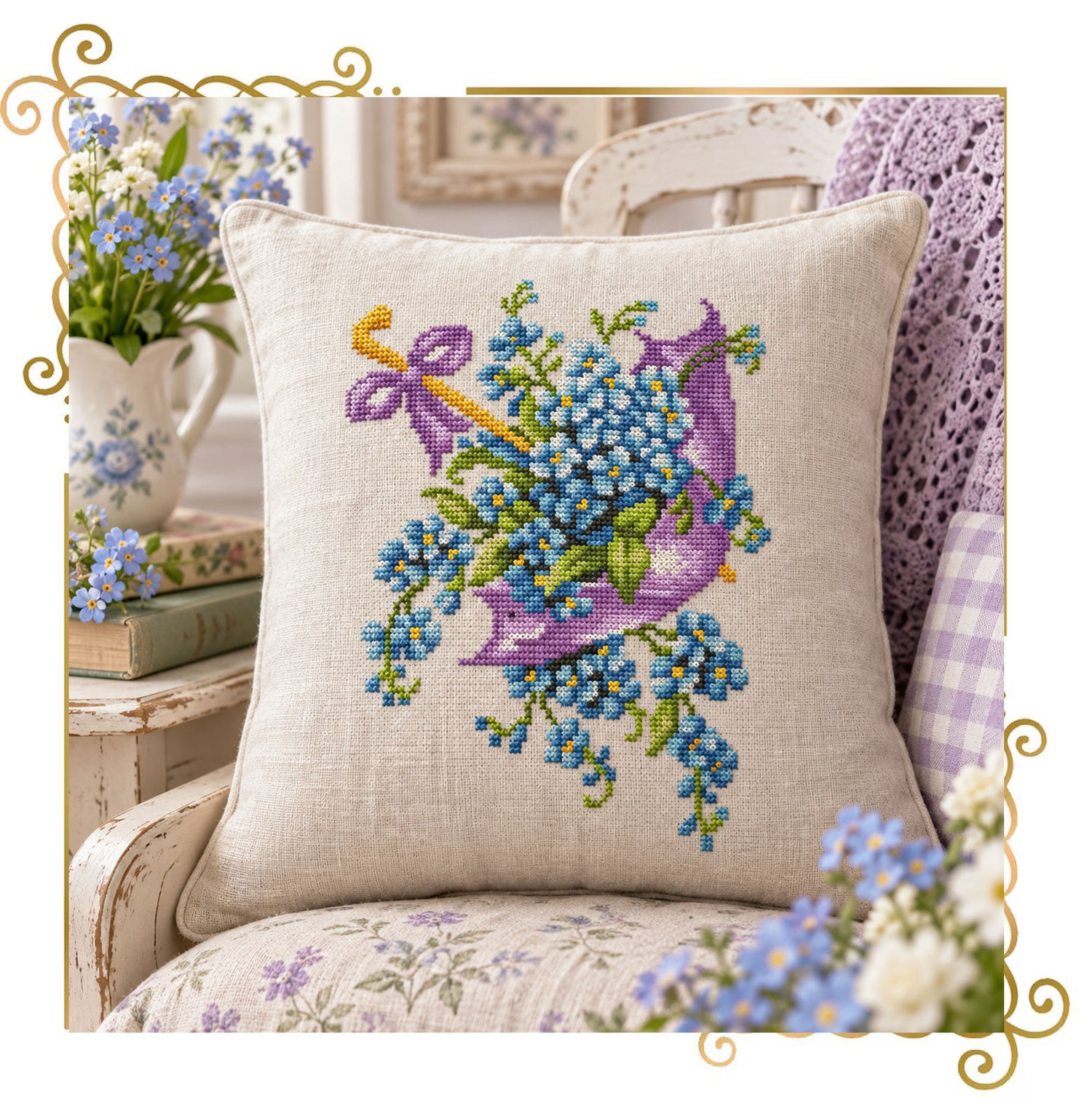 Flowers Umbrella with Forget-Me-Nots Machine Embroidery Design, Cross Stitch Style Floral Embroidery, Blue Flower Design (Instant Download)
