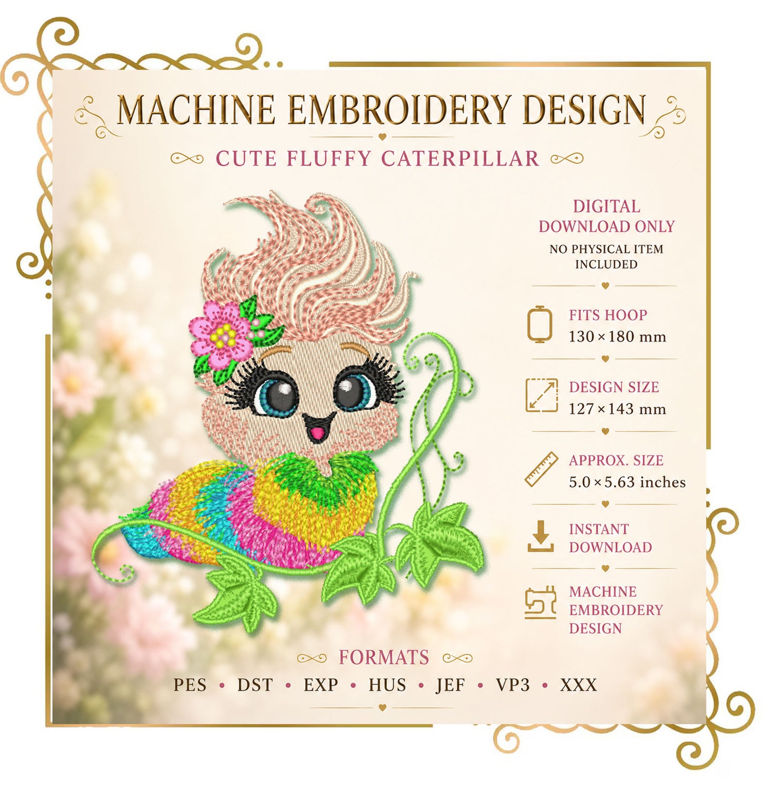 Cartoon Characters Rainbow Fluffy Caterpillar Embroidery Design (Digital Download)