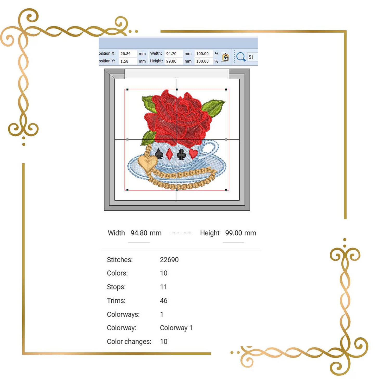 Princess Alice in Wonderland Tea Cup Machine Embroidery Design | Rose Teacup Embroidery | Wonderland Floral Cup |  Digital Download