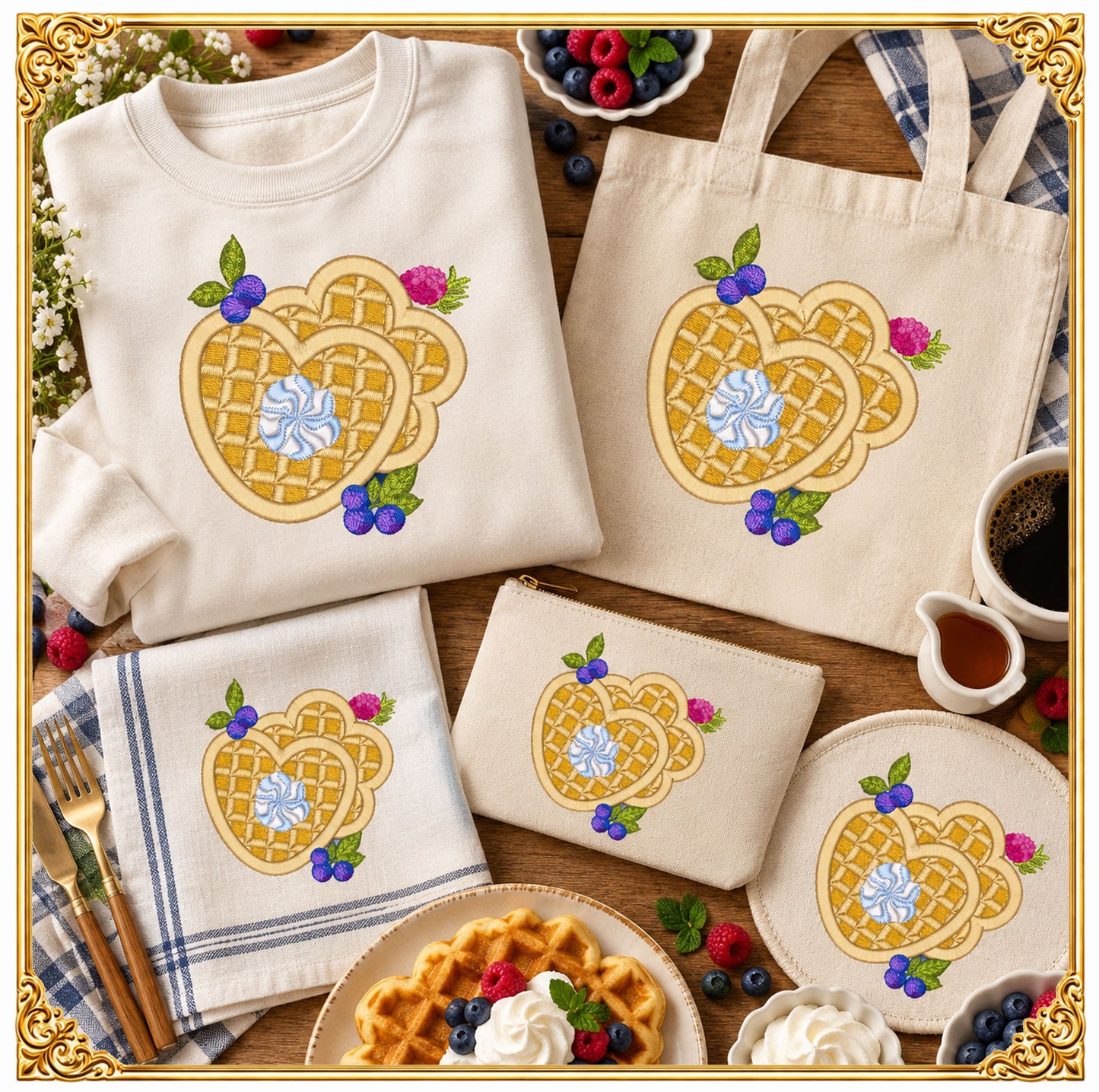 Heart Waffles Embroidery Design, Berries Whipped Cream Dessert, Sweet Breakfast (Instant Download)
Heart shaped waffles embroidery design with fresh berries, a swirl of whipped cream and a dusting of sugar, digitized in a detailed realistic food style for machine embroidery.