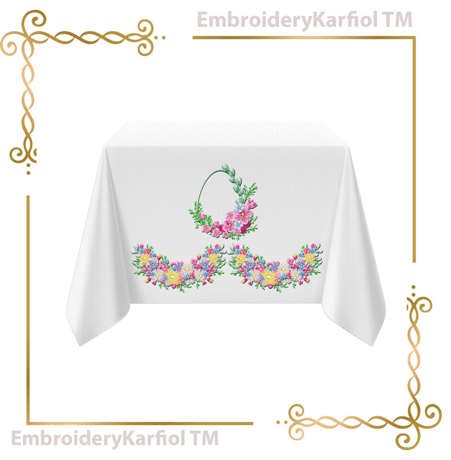 Easter Two matching machine embroidery designs: a floral Easter egg wreath with blue flowers and greenery, plus a coordinating floral border.