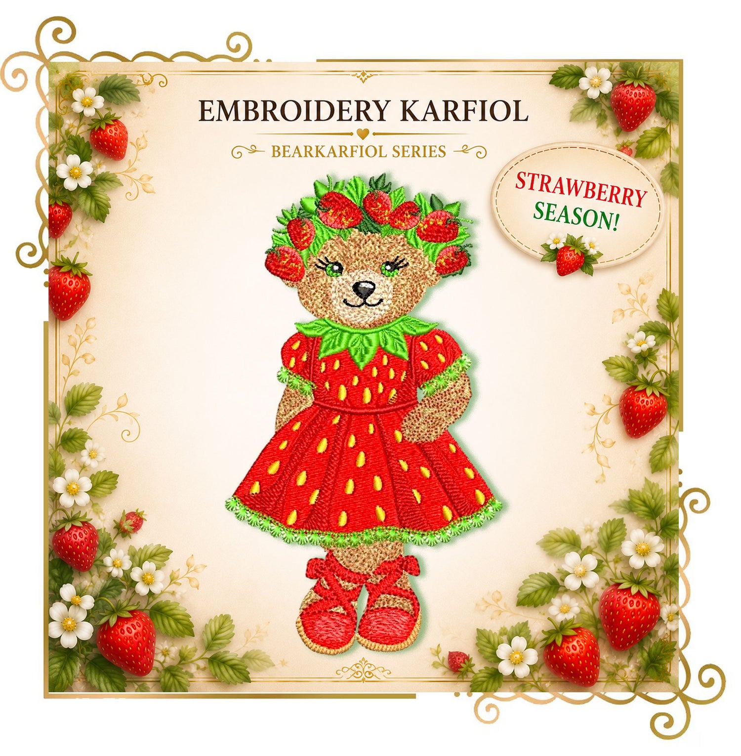 Strawberry Bear Embroidery Design – Teddy in Strawberry Dress, Summer Machine Embroidery, BearKarfiol Series | 2 Sizes
