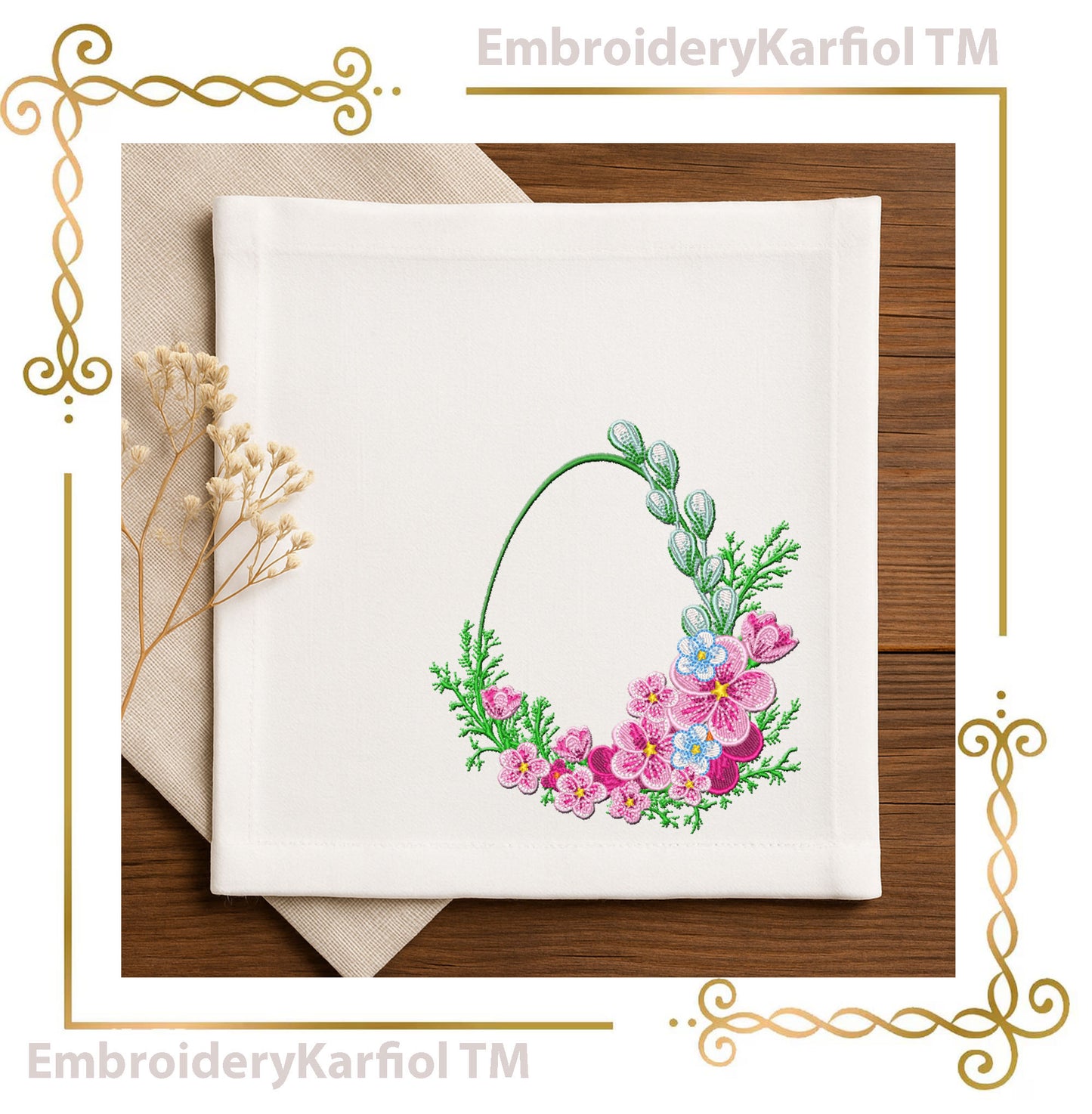 Easter Two matching machine embroidery designs: a floral Easter egg wreath with blue flowers and greenery, plus a coordinating floral border.