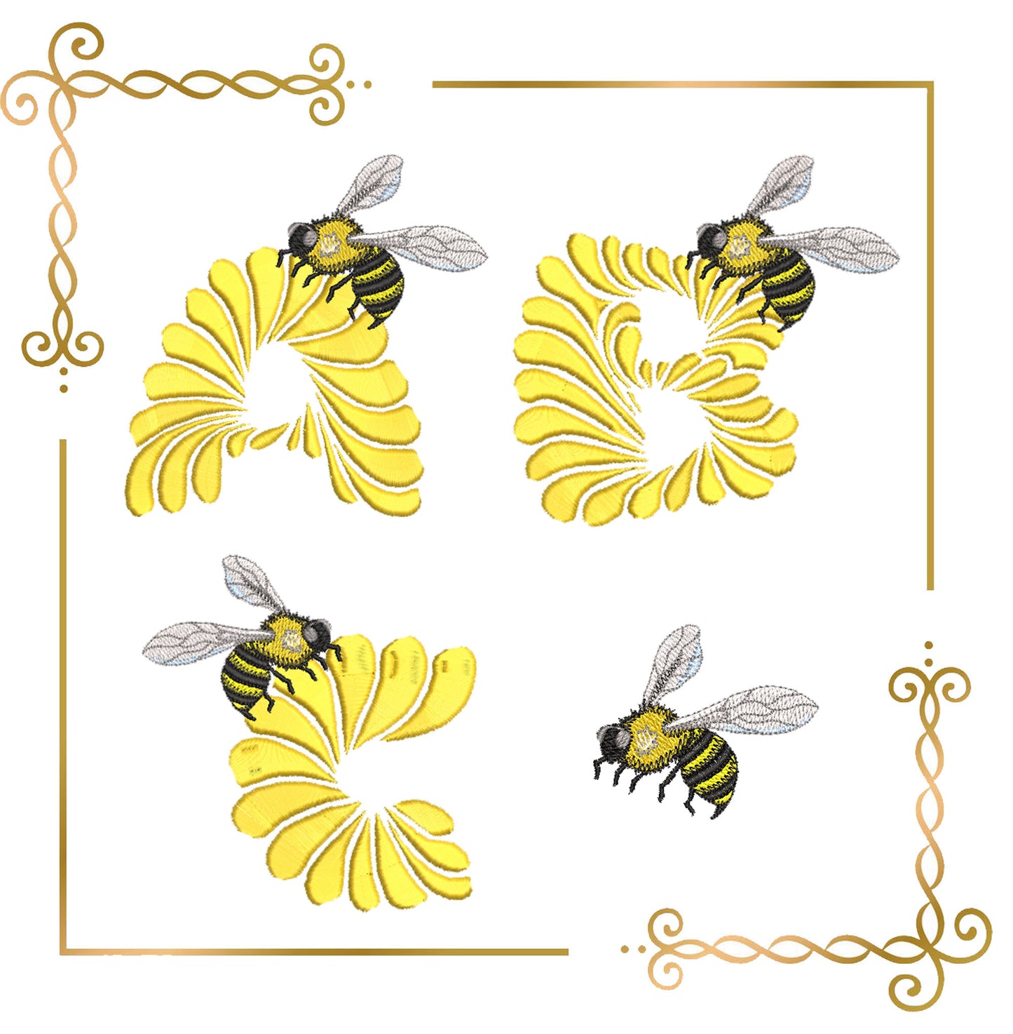 Honey solar alphabet monogram with bees Digital Embroidery Design