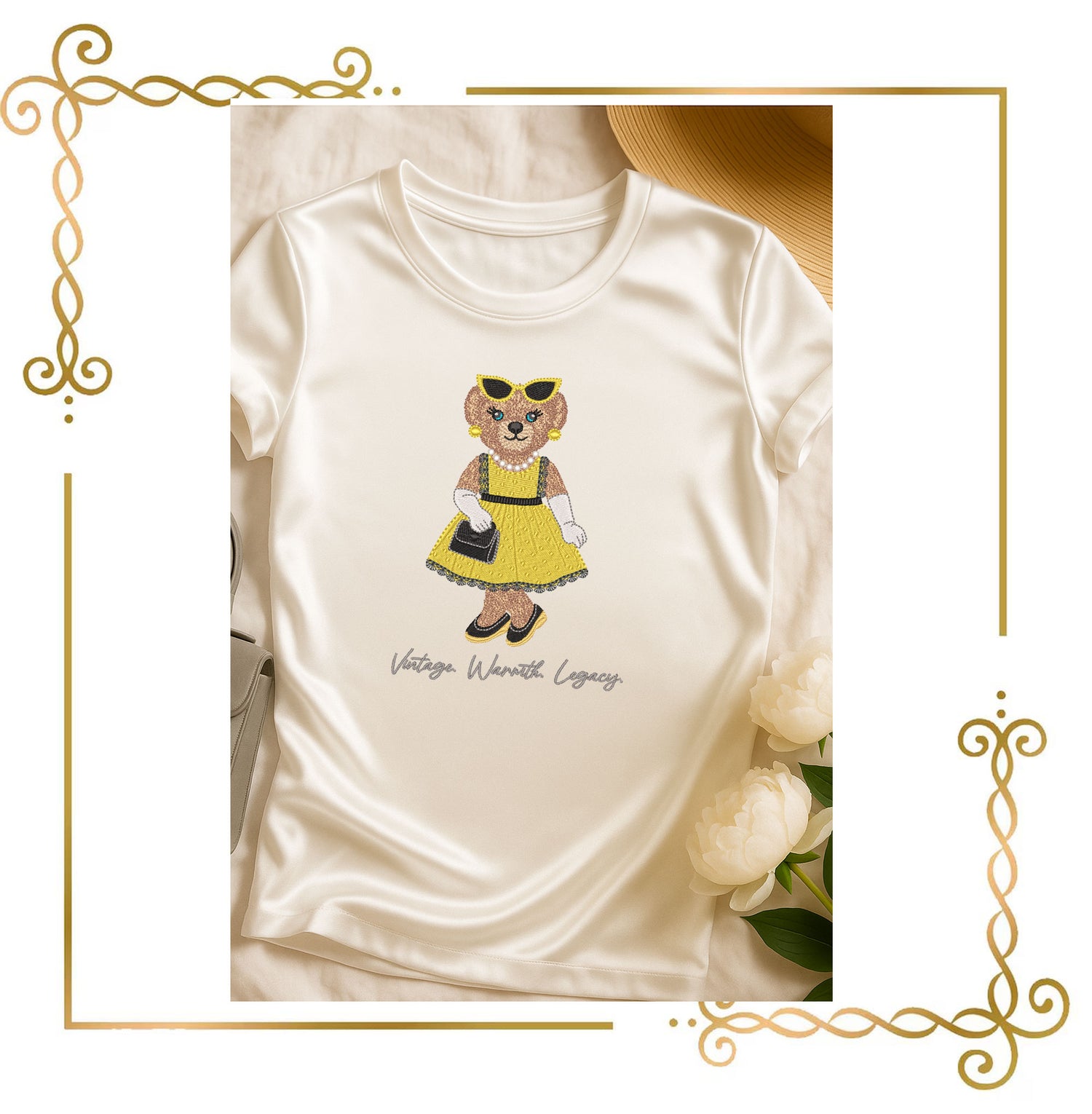 Teddy Bear Embroidery Design – Girl in Gold Dress with Pearls – Vintage Elegant Machine Embroidery File – Cute Retro Bear Pattern