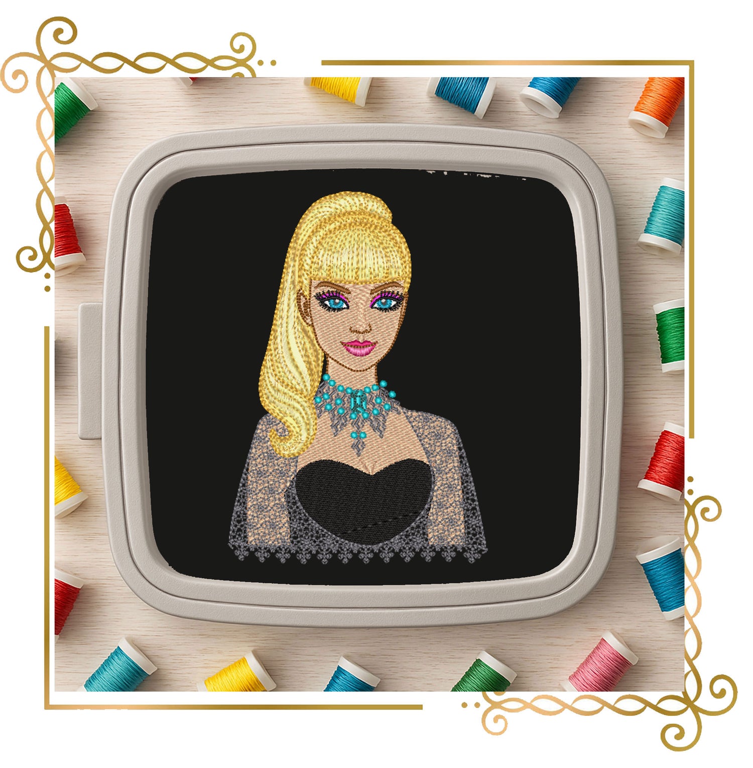 Princess, Barbie Embroidery Design – Glamorous collectible Blonde Doll in Black Lace Dress with Turquoise Necklace – Digital Download