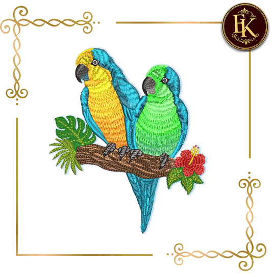 Tropical Parrots Embroidery Design – Two Macaws with Hibiscus & Exotic Leaves Digitai Download