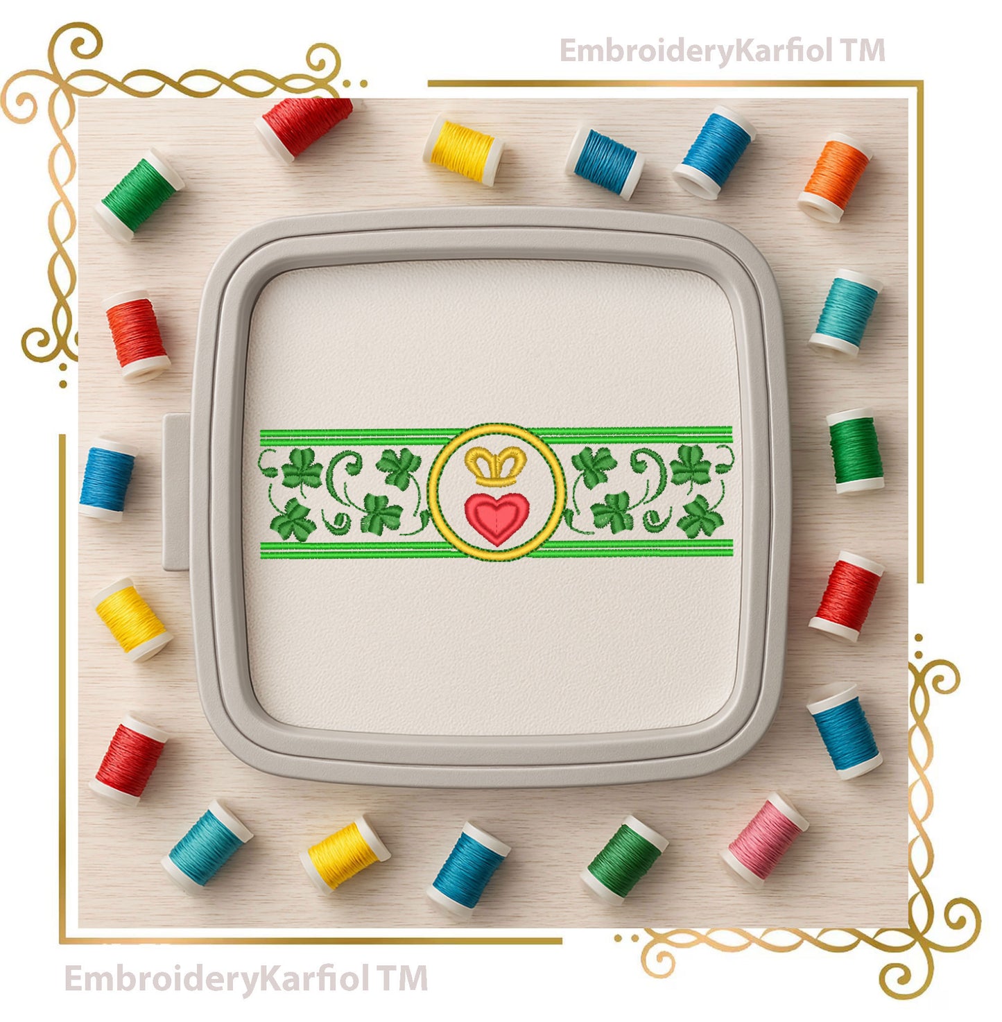 St Patrick Embroidery Design Border Shamrock Crown Heart Instant Download