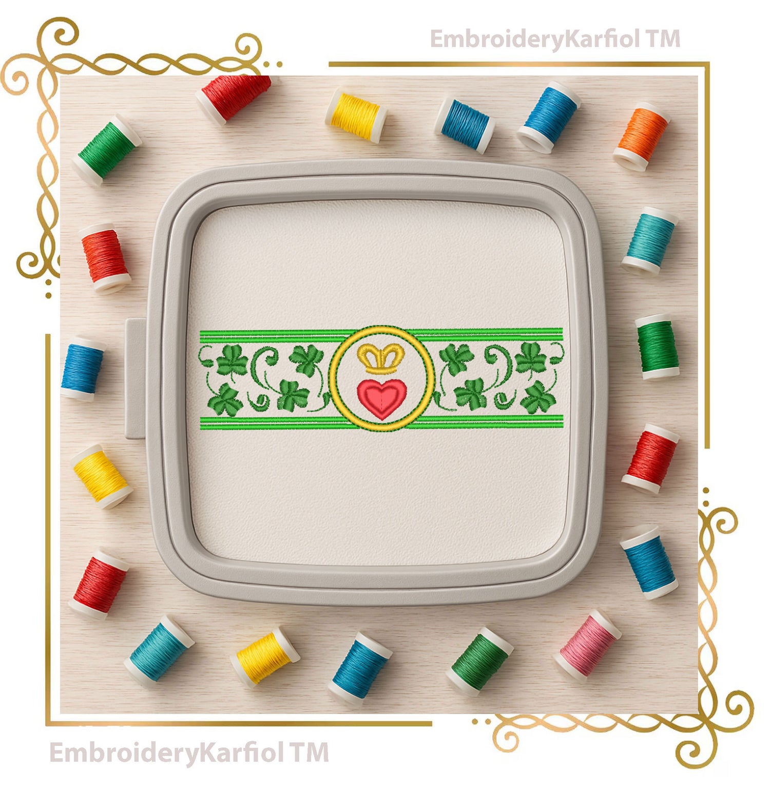 St Patrick Embroidery Design Border Shamrock Crown Heart Instant Download