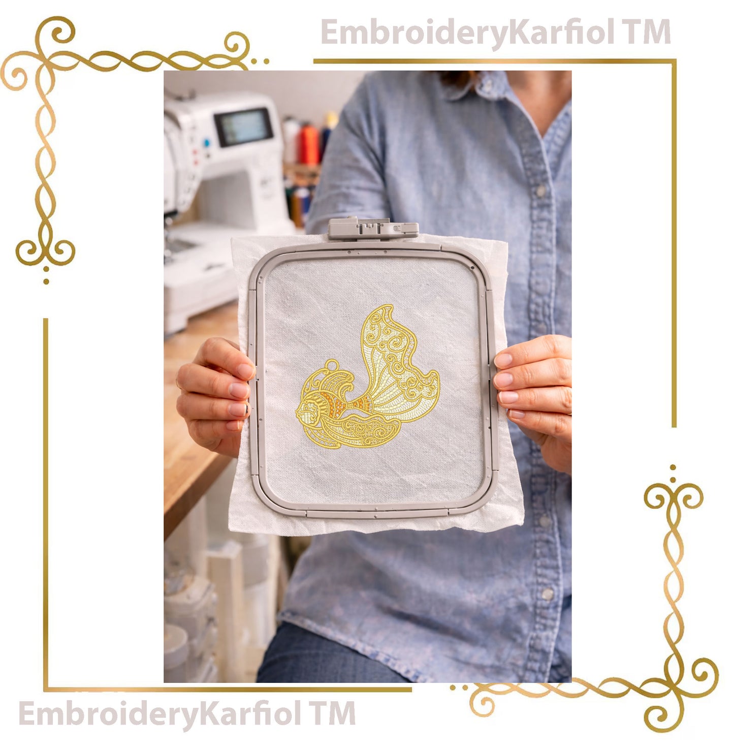 Lace Gold Lace Fish Embroidery Design, Ornamental Sea Creature, Freestanding Lace Pattern (Instant Download)