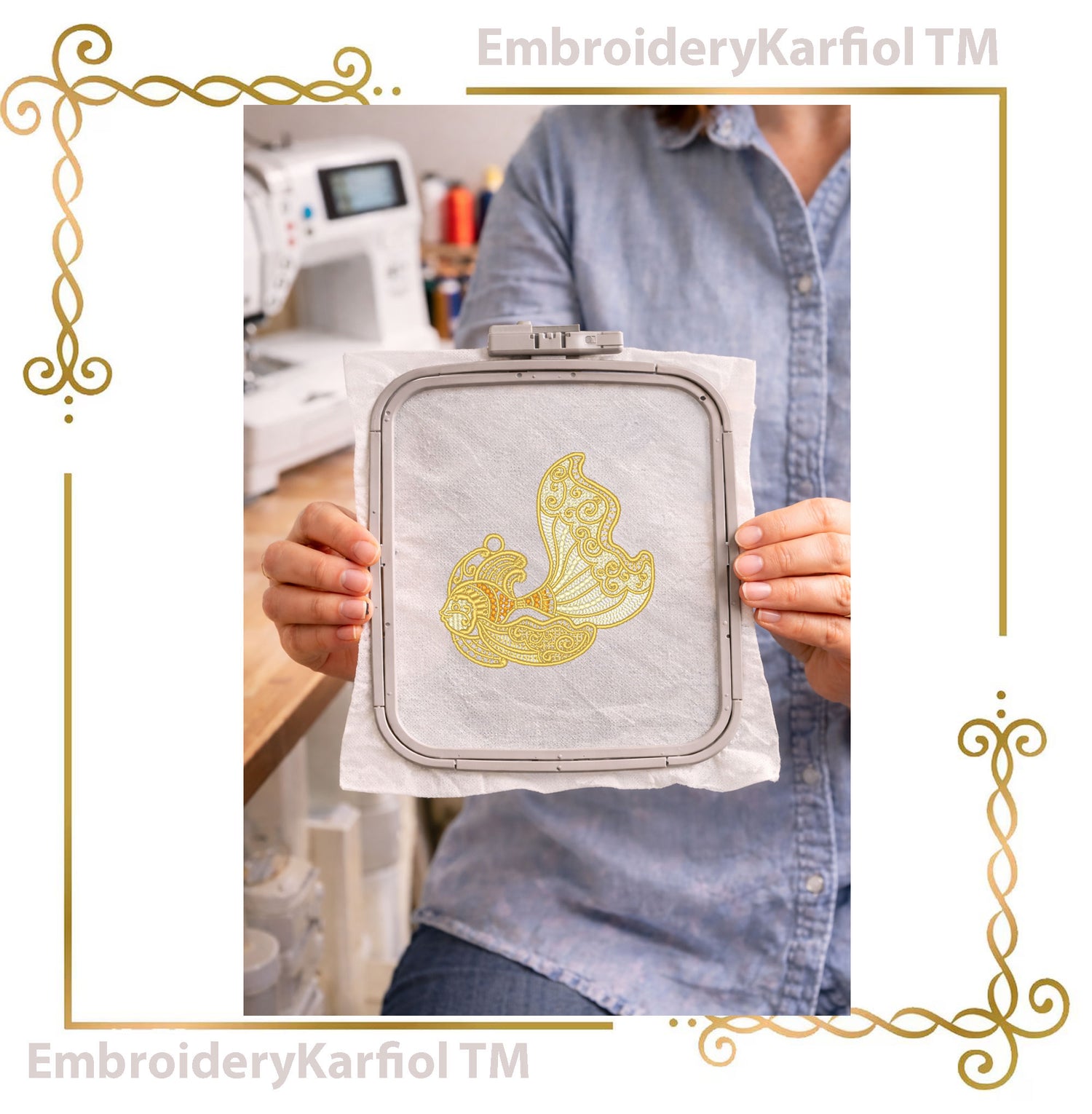 Lace Gold Lace Fish Embroidery Design, Ornamental Sea Creature, Freestanding Lace Pattern (Instant Download)