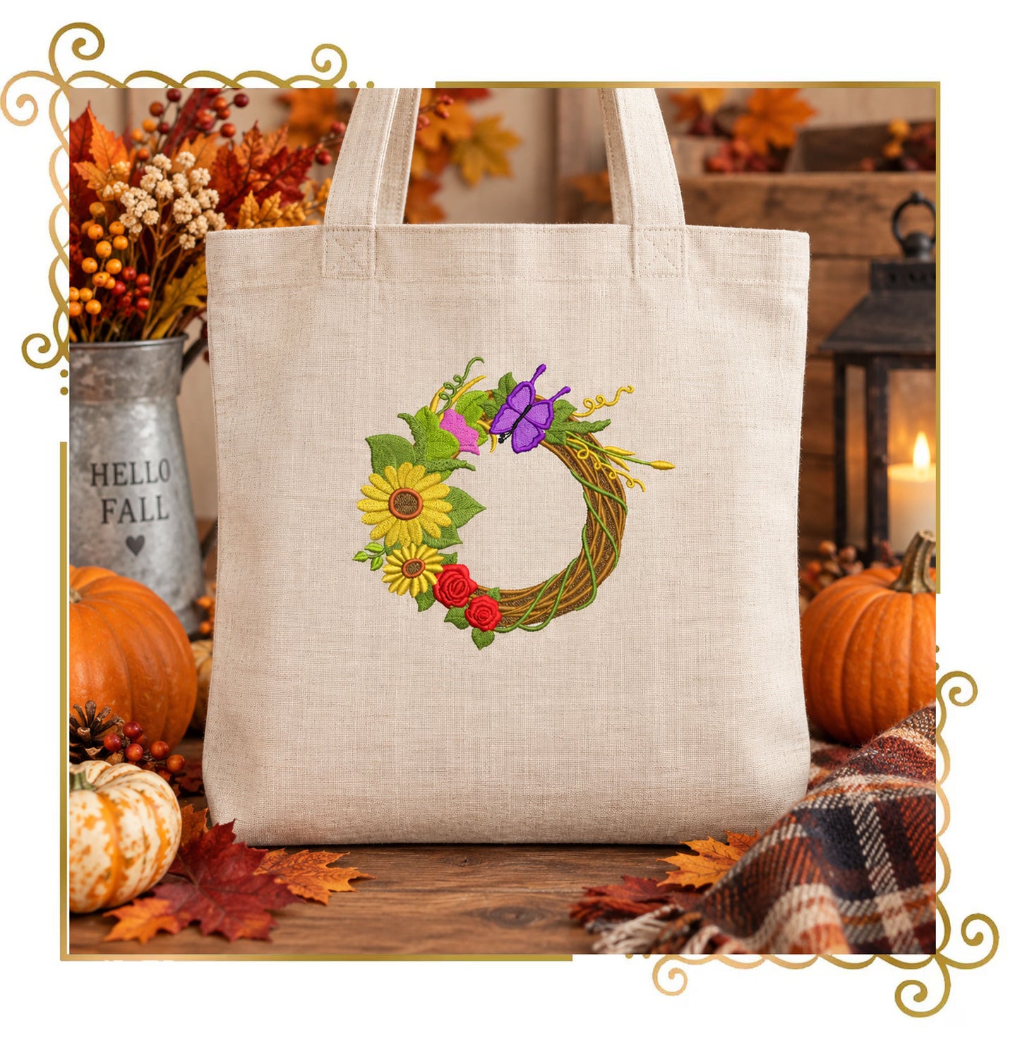 Halloween - Autumn Wreath Machine Embroidery Design, Sunflowers, Grapes and Butterfly (Digital Download)