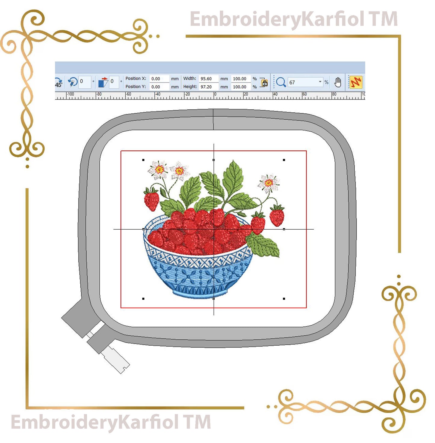 Embroidery Design Wild Strawberries Blue Bowl : Floral Summer Fruit Pattern (4x4 inches) 
