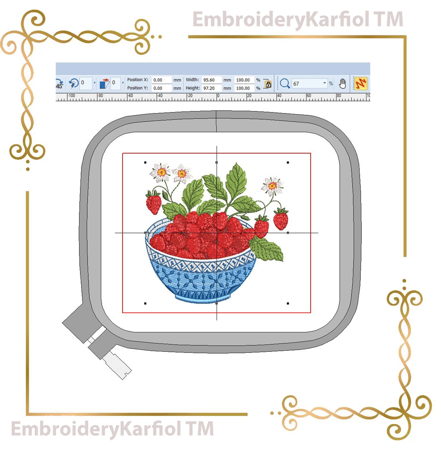 Embroidery Design Wild Strawberries Blue Bowl : Floral Summer Fruit Pattern (4x4 inches) 