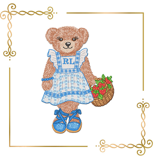 Teddy Bear Embroidery Design – Teddy Bear with a basket of strawberries Polo – Digital File for Machine Embroidery 3 Sizes