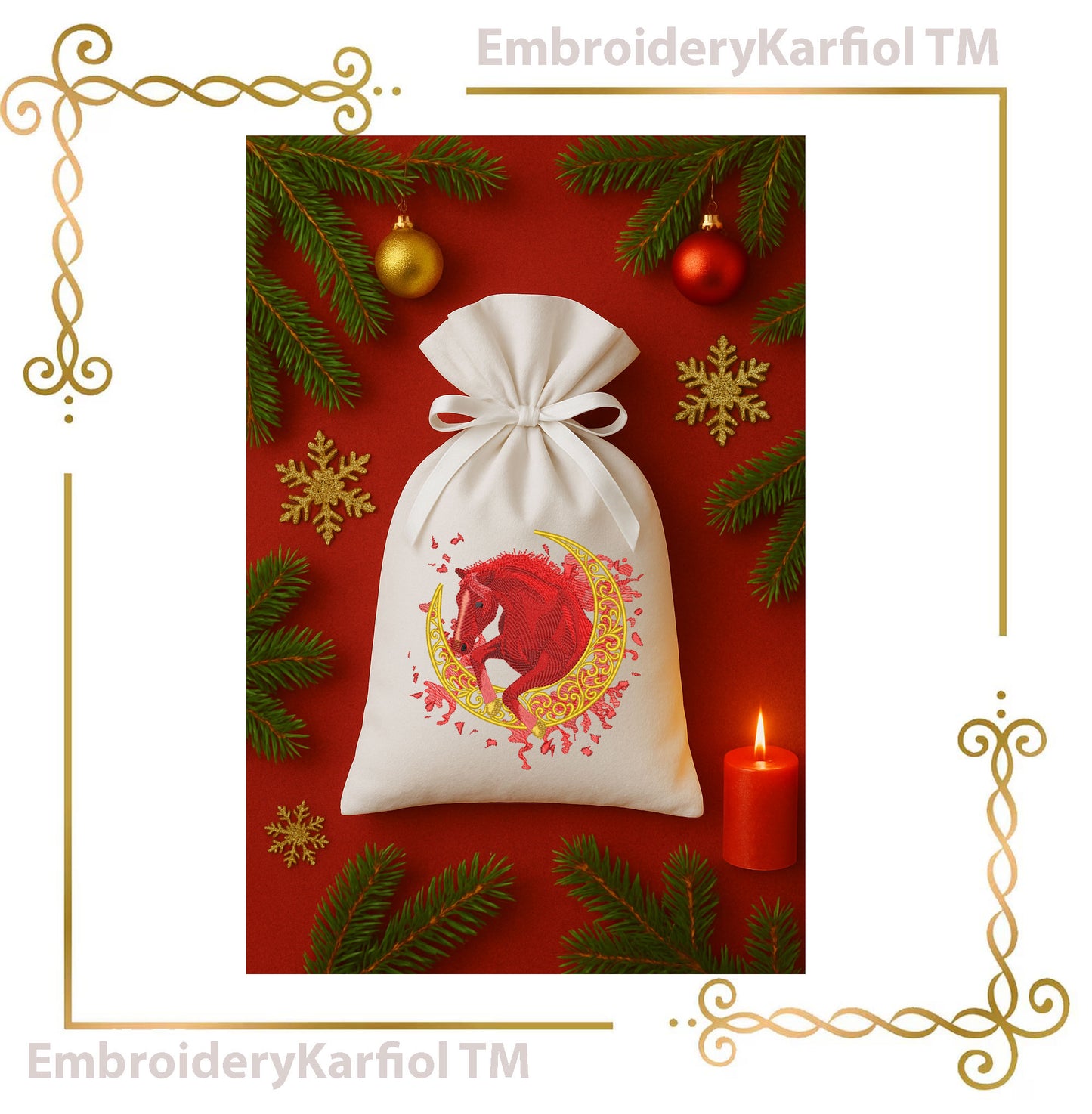 Horse on Moon - Embroidery Design - Chistmas Red Holiday Version and Natural Brown (Digital Download)