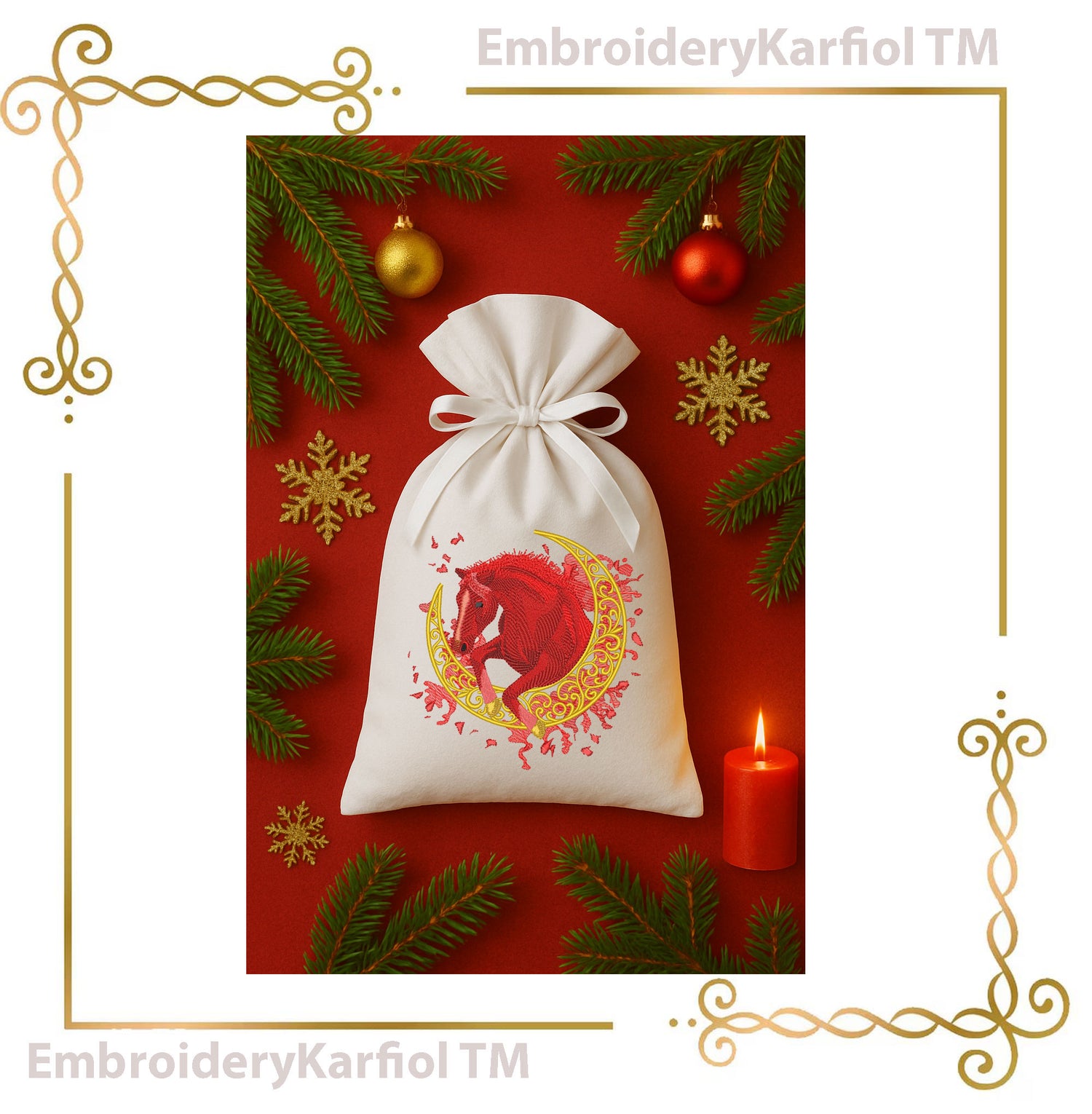 Horse on Moon - Embroidery Design - Chistmas Red Holiday Version and Natural Brown (Digital Download)