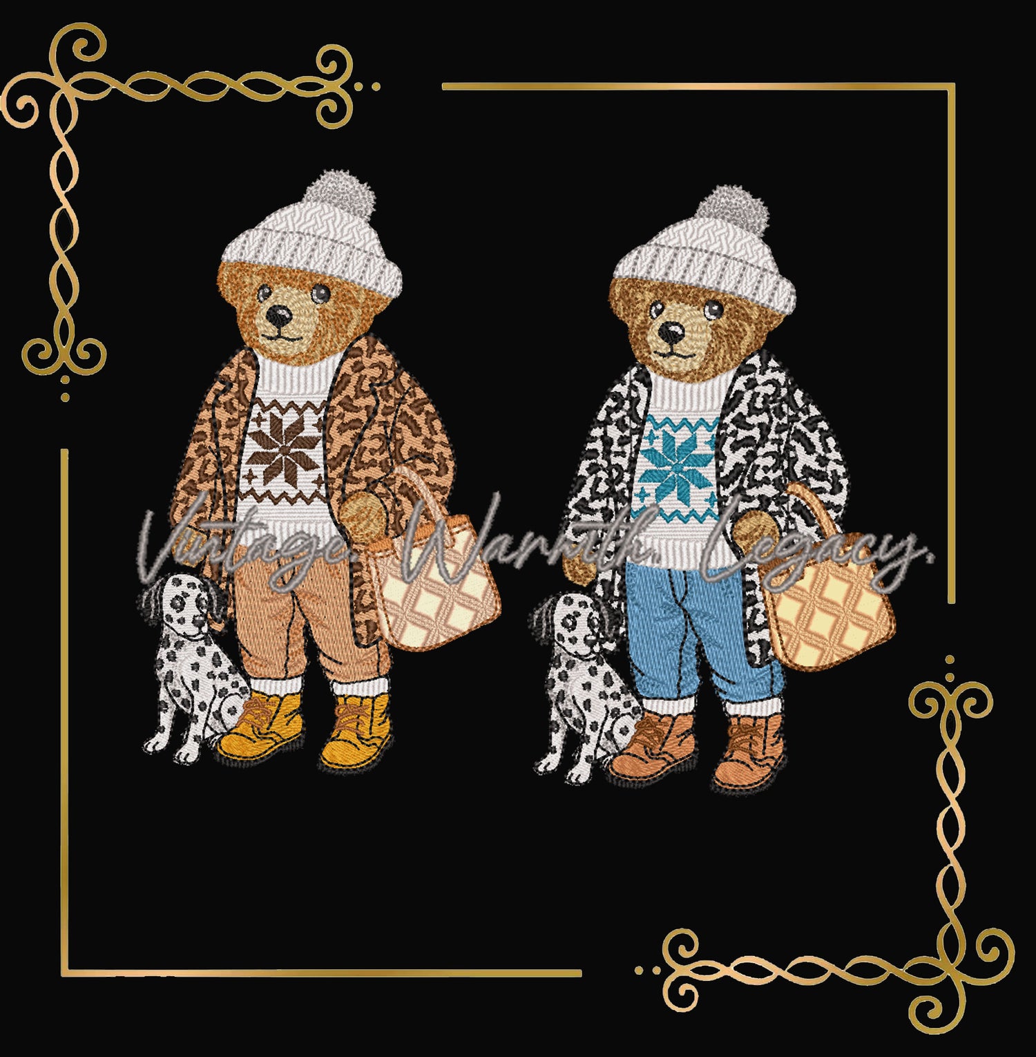 Teddy Bear with Dalmatian Embroidery Design – Cozy Ralph Lauren Style Winter Outfit, Snowflake Sweater