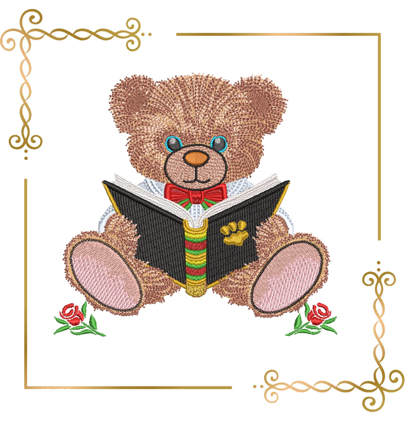 Teddy bear reading a book, cartoon character machine embroidery design digital