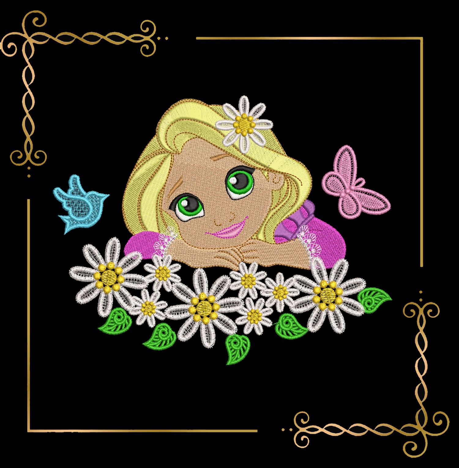 Princess Rapunzel Disney carton character  daisy butterfly bird flowers machine  embroidery design