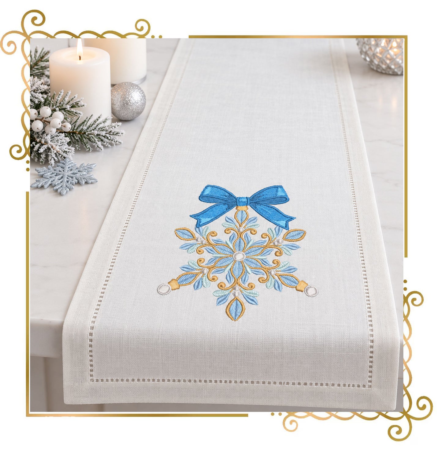 Christmas Snowflake Machine Embroidery Design, Blue Bow Ornament, Winter Holiday Embroidery, Christmas Decor - Digital Download