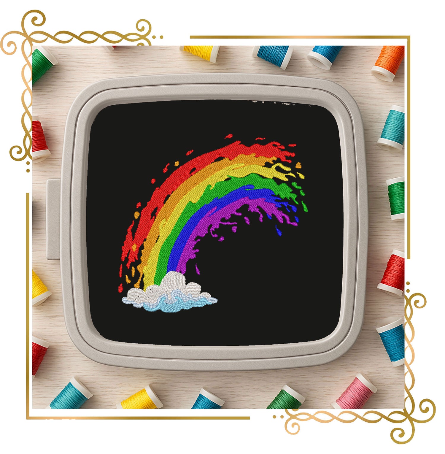 T-shirt Rainbow Splash Embroidery Design – Modern Colorful Rainbow with Cloud – Instant Download