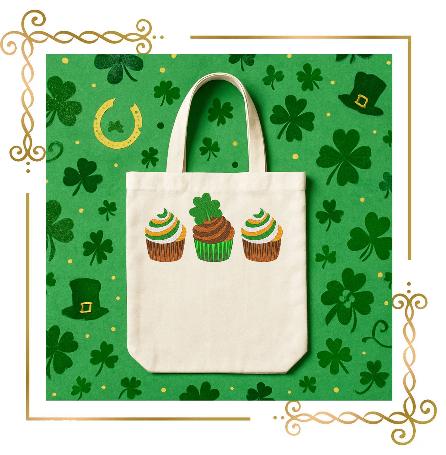 St Patrick Cupcake Embroidery Design Smocking Border Shamrock Instant Download
