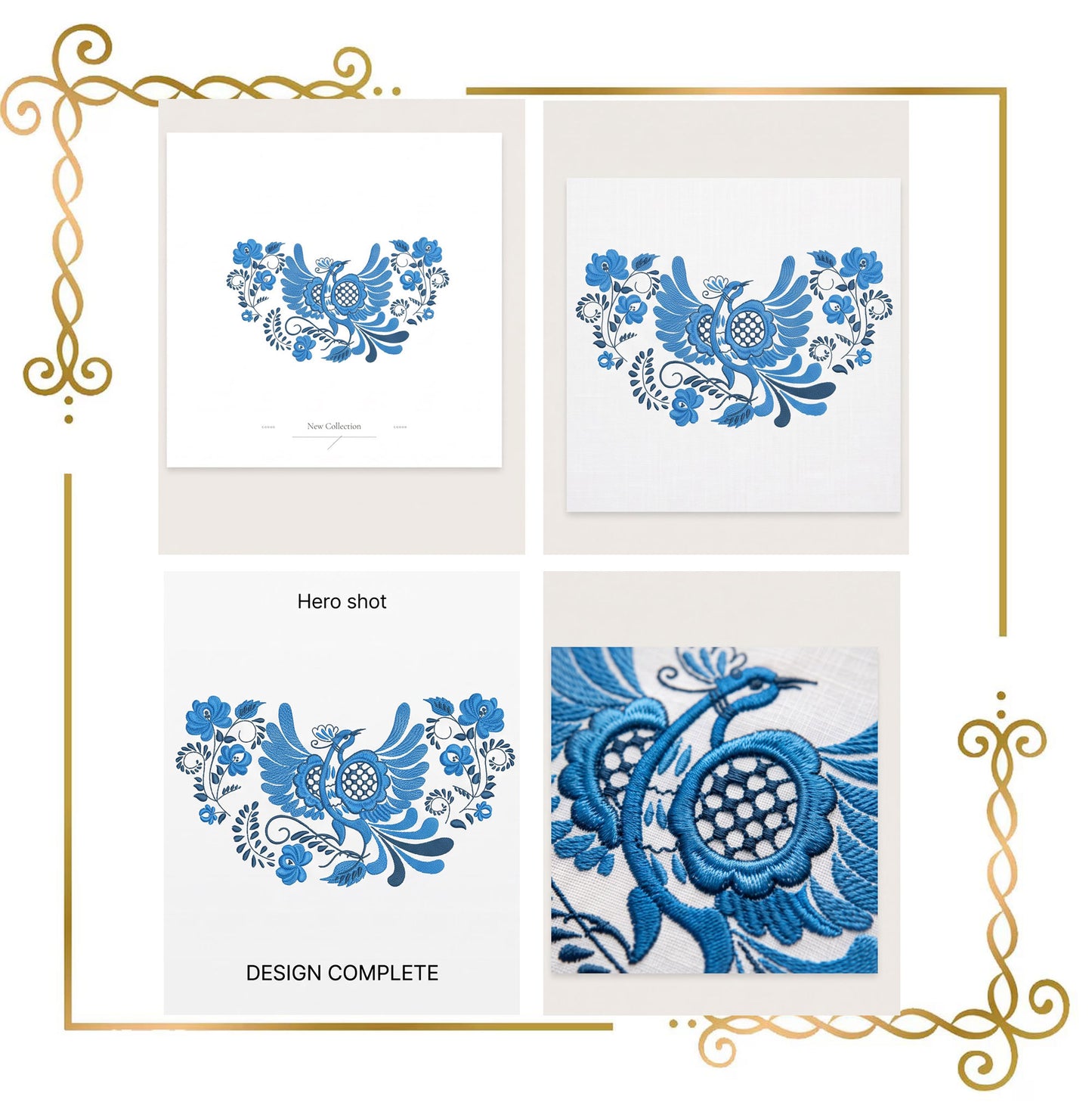 Flowers Blue Firebird, Folk Bird, Blue Folk Firebird Embroidery design Floral 2 Sizes - Instant Download