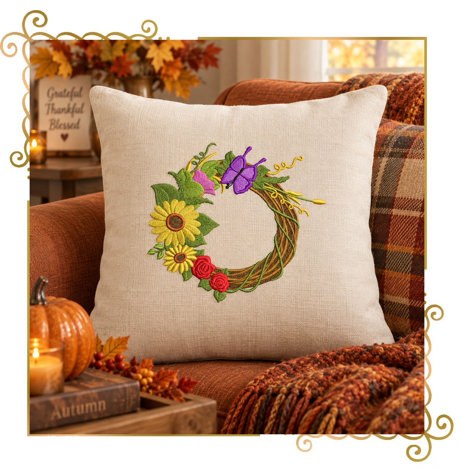 Halloween - Autumn Wreath Machine Embroidery Design, Sunflowers, Grapes and Butterfly (Digital Download)