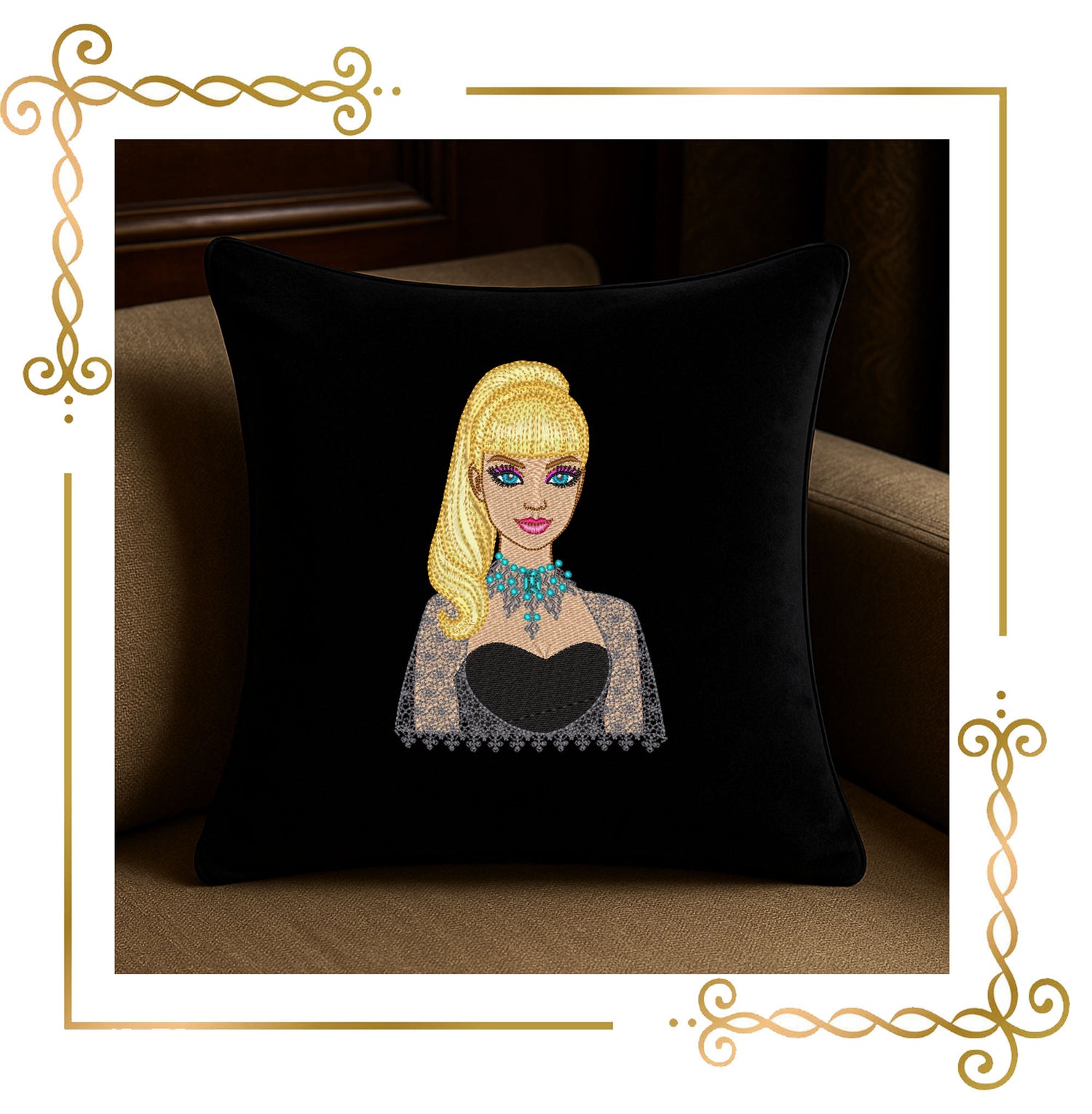 Princess, Barbie Embroidery Design – Glamorous collectible Blonde Doll in Black Lace Dress with Turquoise Necklace – Digital Download