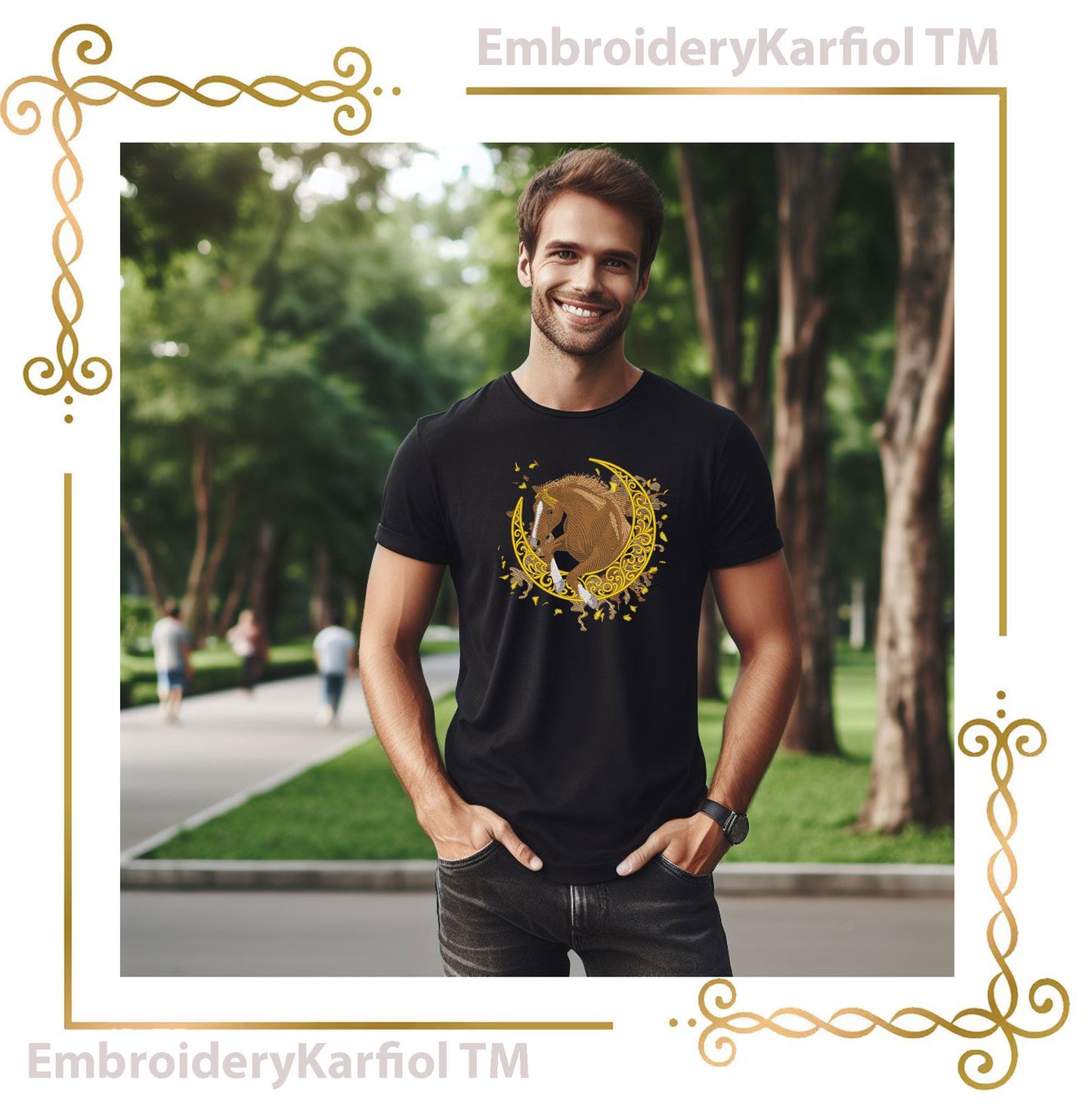 Horse on Moon - Embroidery Design - Chistmas Red Holiday Version and Natural Brown (Digital Download)