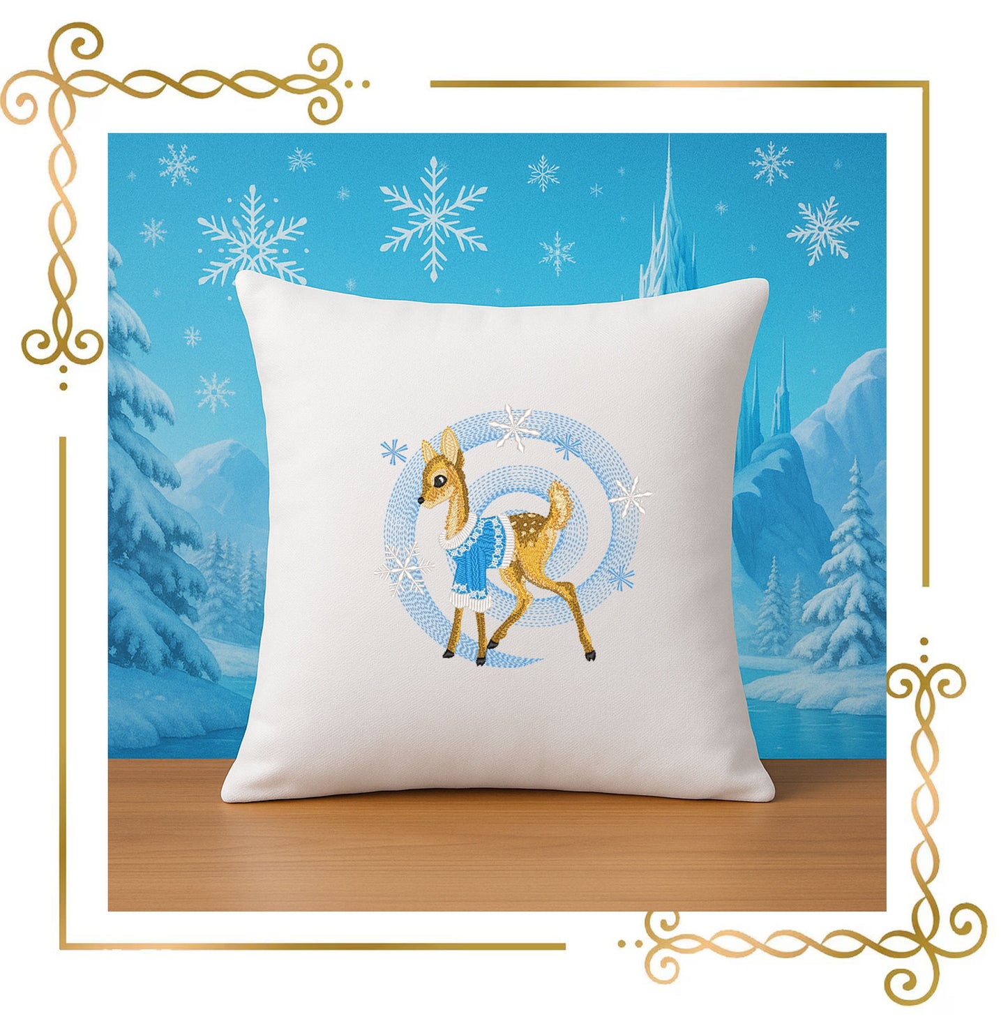 Winter Fawn Embroidery Design – Realistic Knit Texture Deer in Blue Sweater, Christmas Machine Embroidery Pattern (Digital Download)