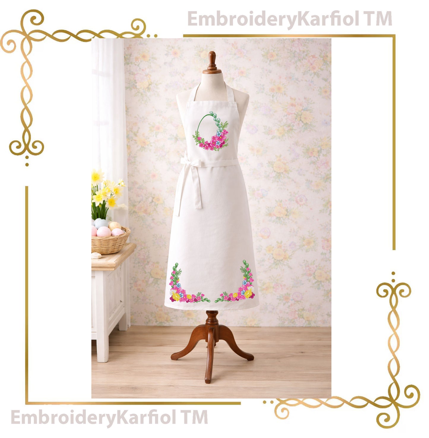 Easter Two matching machine embroidery designs: a floral Easter egg wreath with blue flowers and greenery, plus a coordinating floral corner